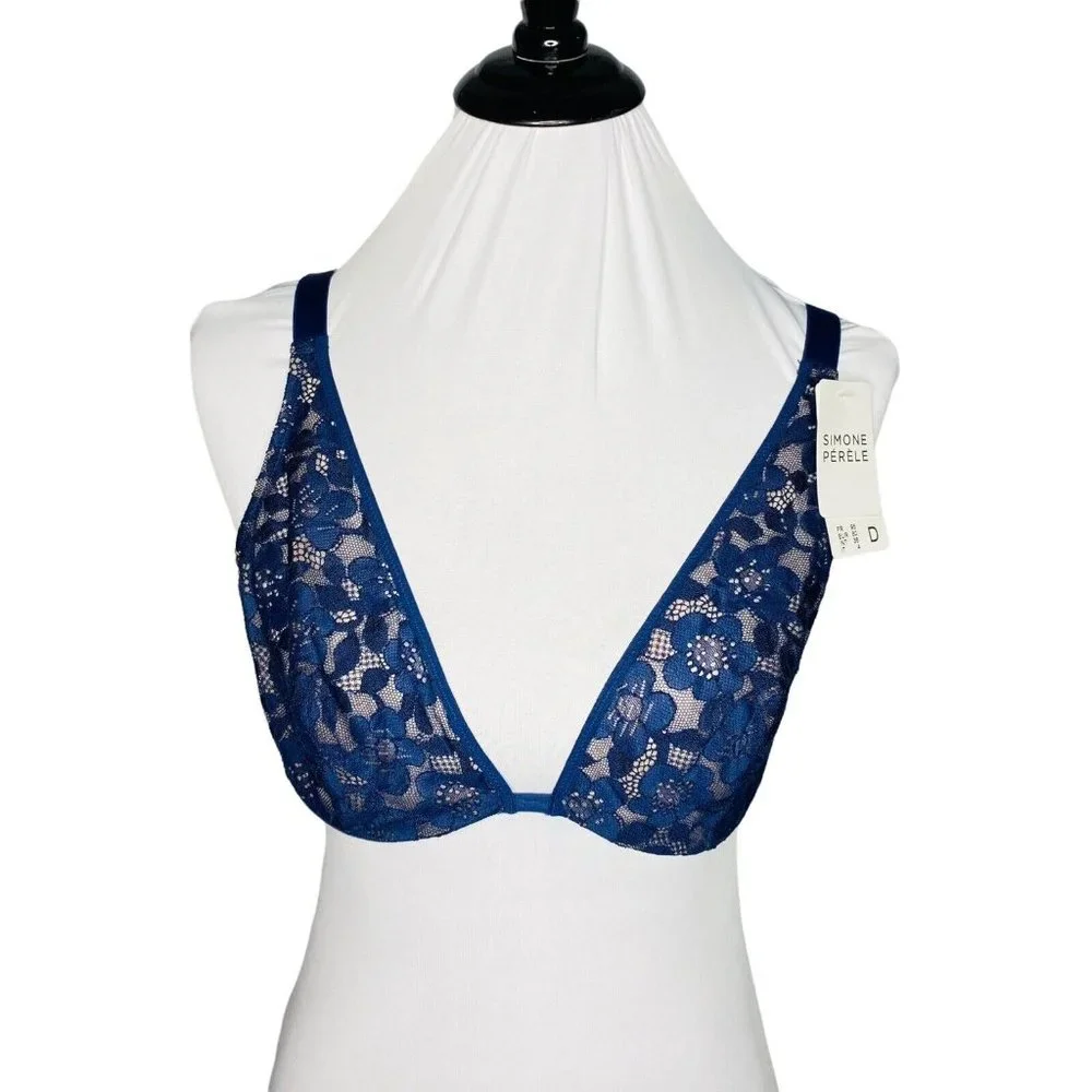 Simone Perele Bra 36D Marguerite Navy Night Blue Underwired Triangle Bra Floral - Picture 7 of 11